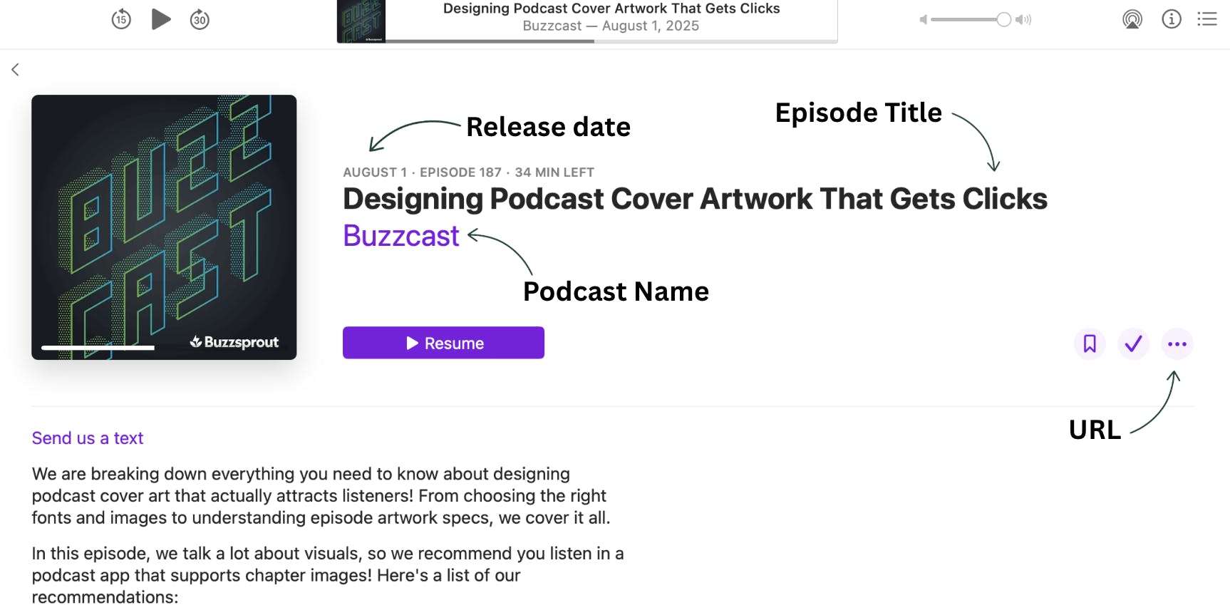 Apple Podcasts page with arrows pointing to relevant information