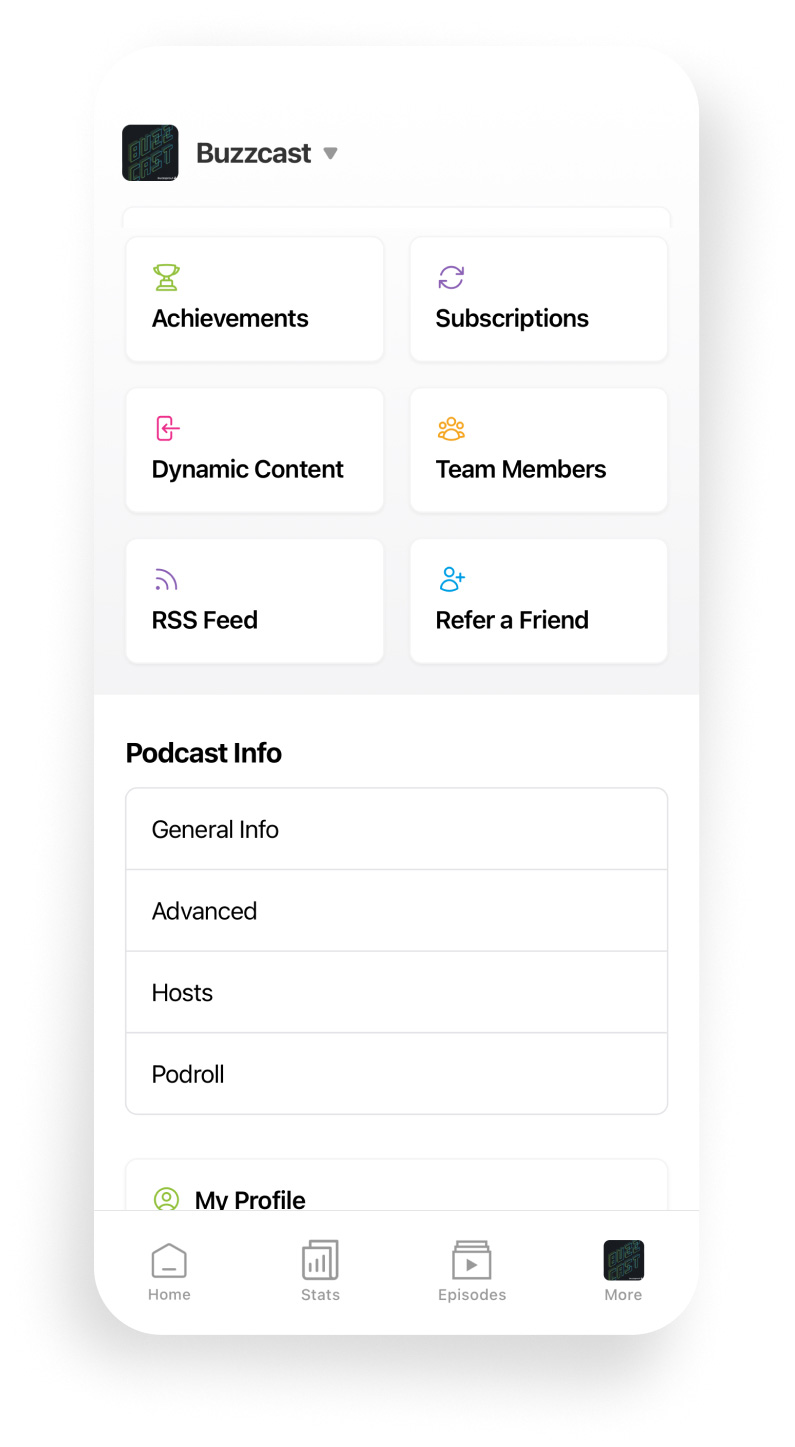 Buzzsprout Mobile menu screen