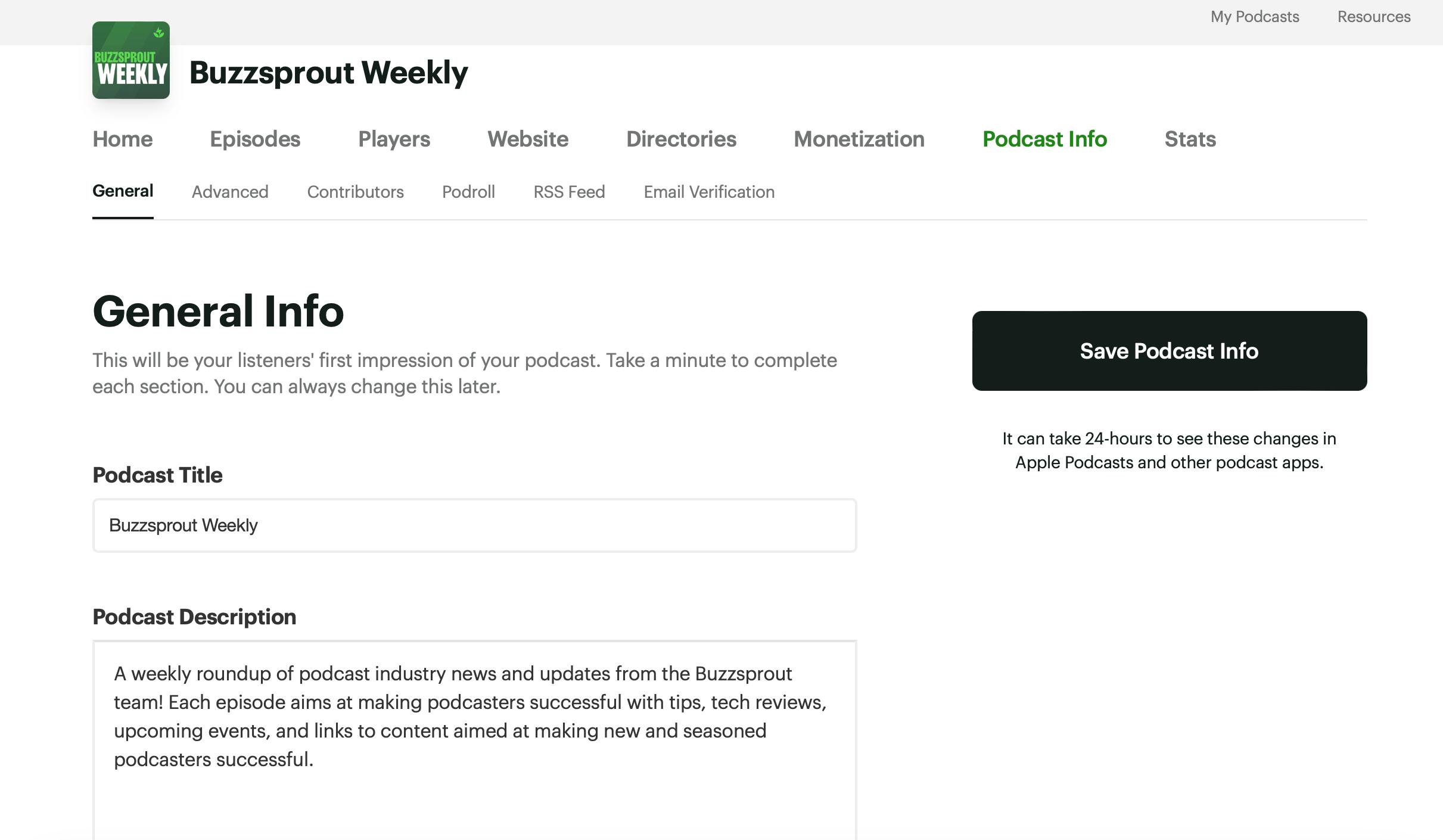 Podcast Info page in Buzzsprout Account