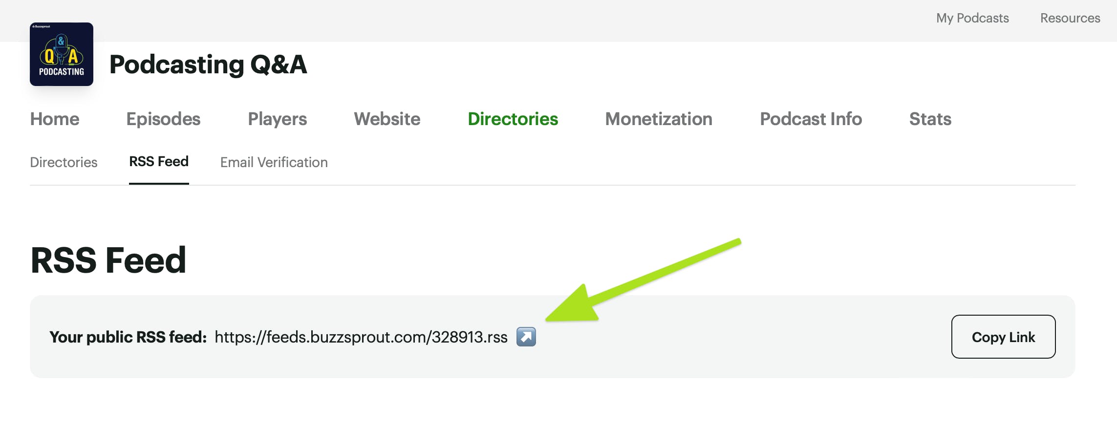 RSS feed under the Directories tab in Buzzsprout account