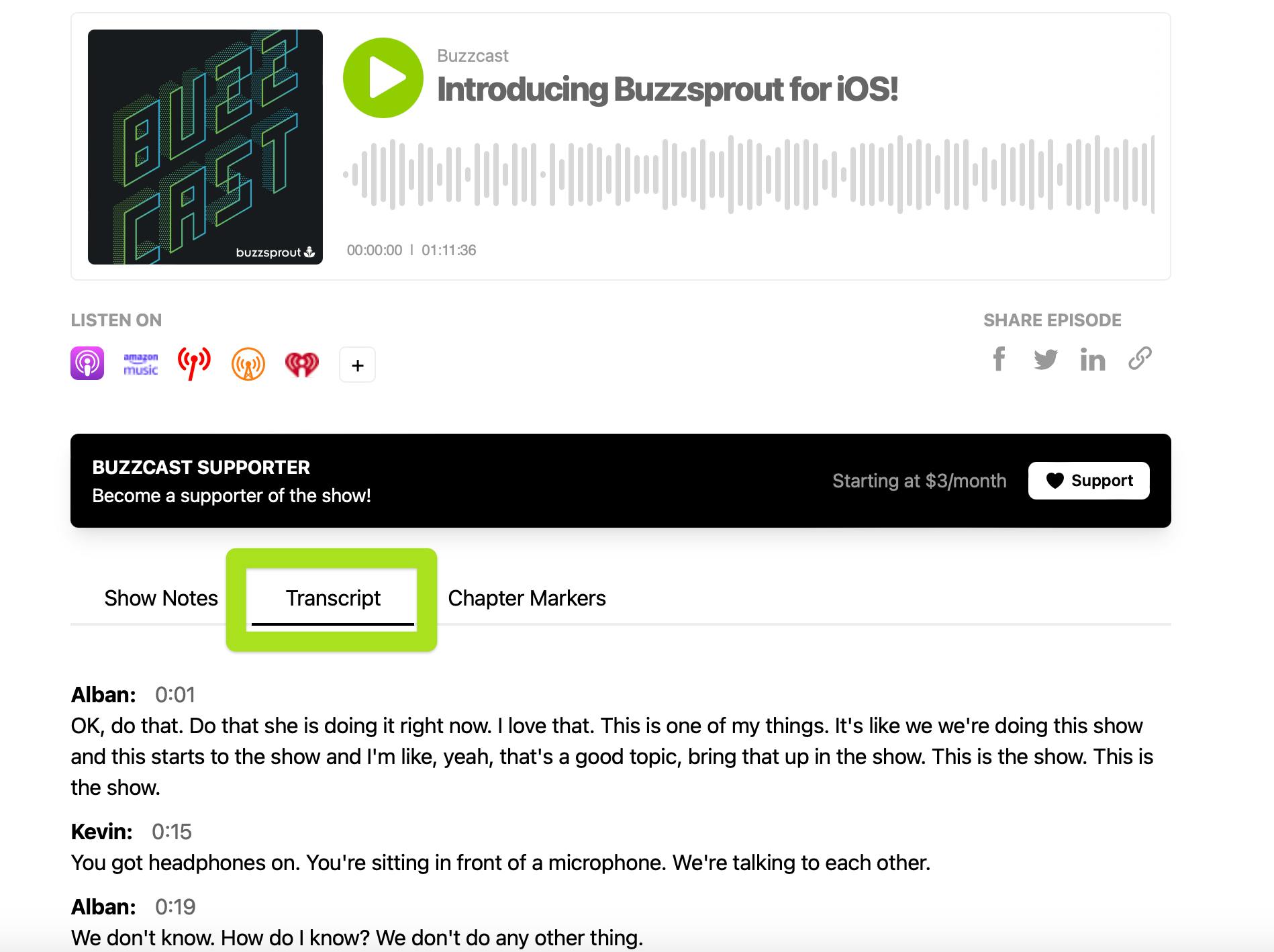Buzzsprout website transcript tab
