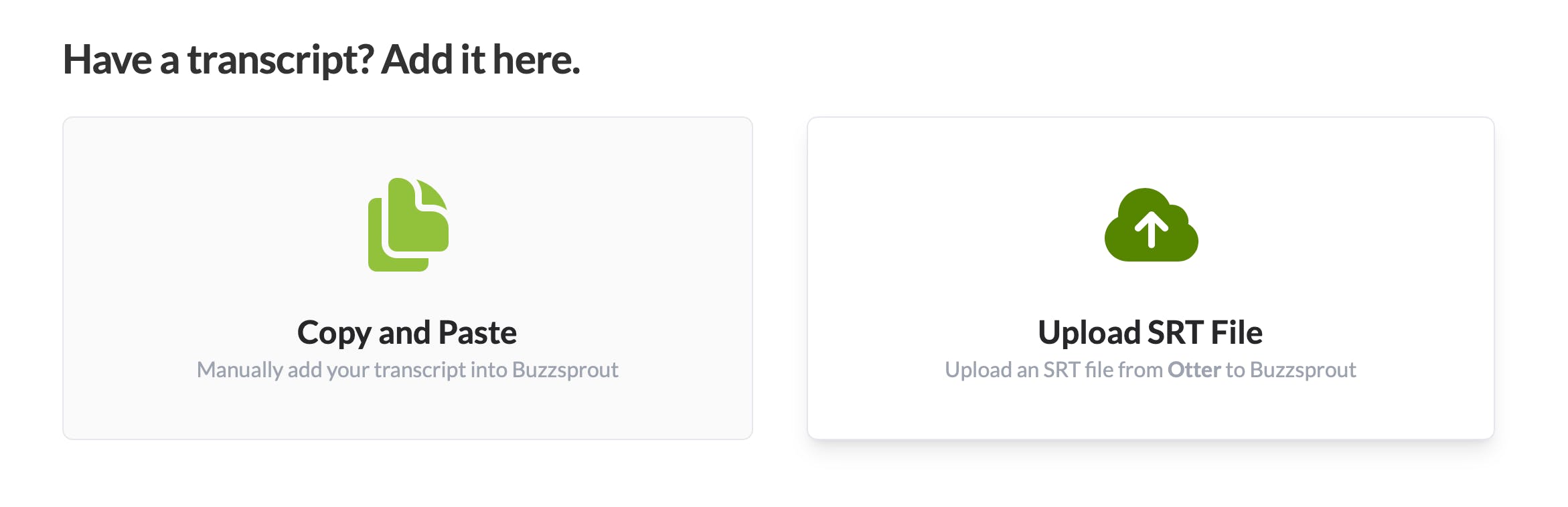 Buzzsprout transcript options 