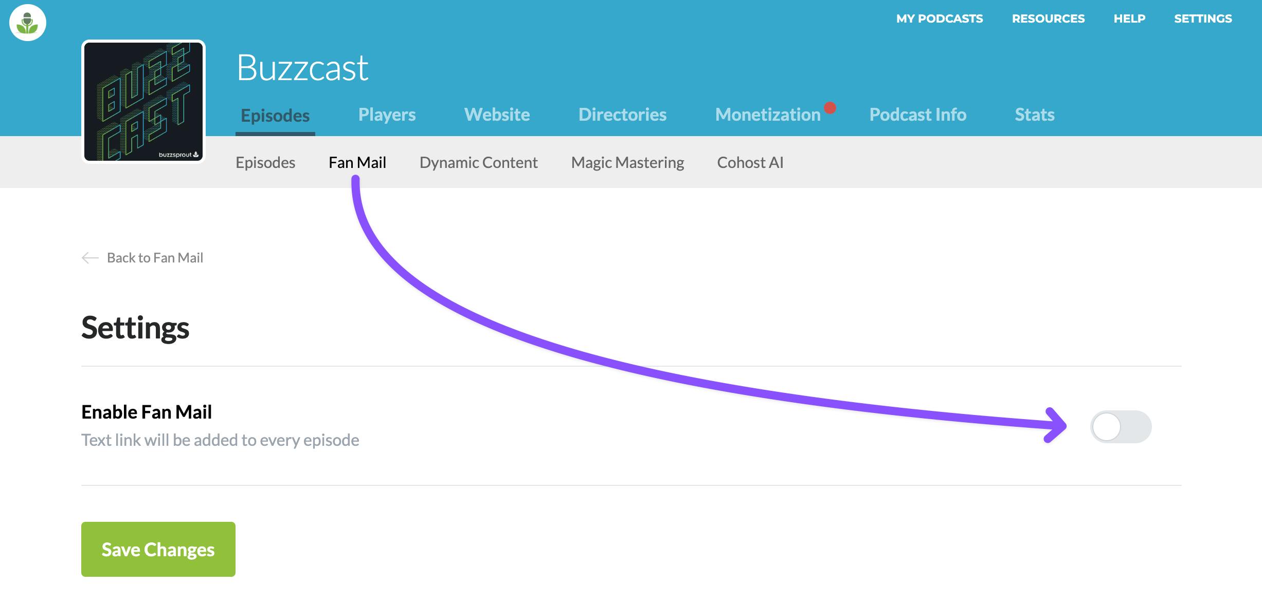 Turning on Fan Mail in Buzzsprout