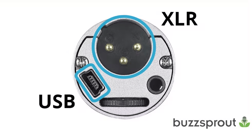 Diagram of the end of a podcast microphone with a blue outline around the USB and XLR hookups